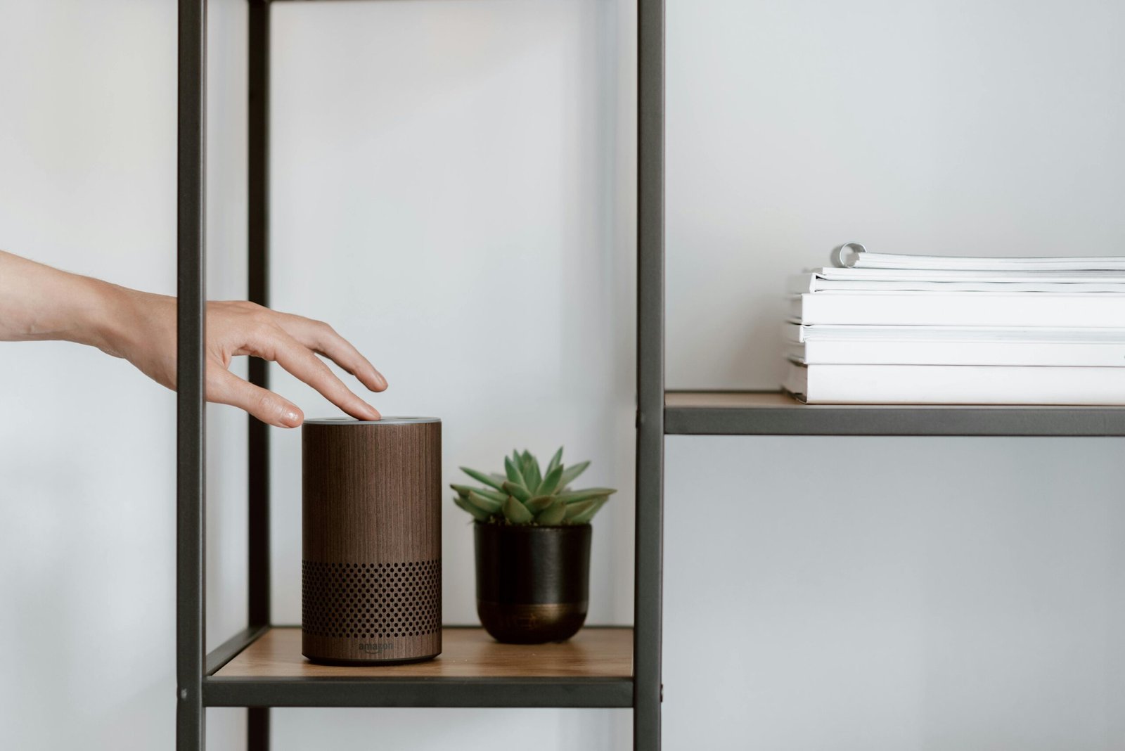 Modern skilodge with smart fireplace controlled via Amazon Echo